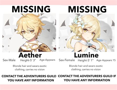 Genshin Impact Traveler Missing Poster Lumine Aether Genshin Imapct