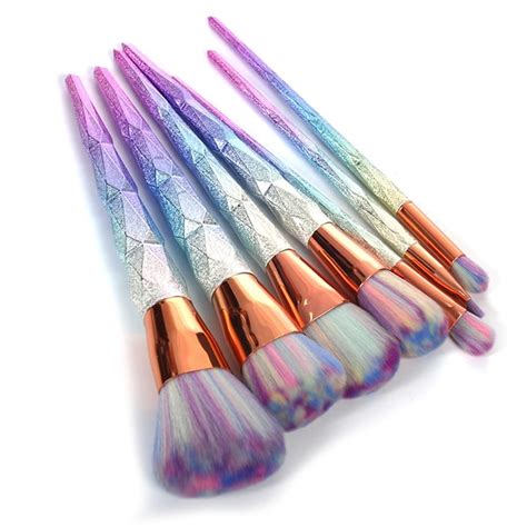 Unicorn Makeup Brush Set 7 Pieces Gold Rainbow Glitter Holographic