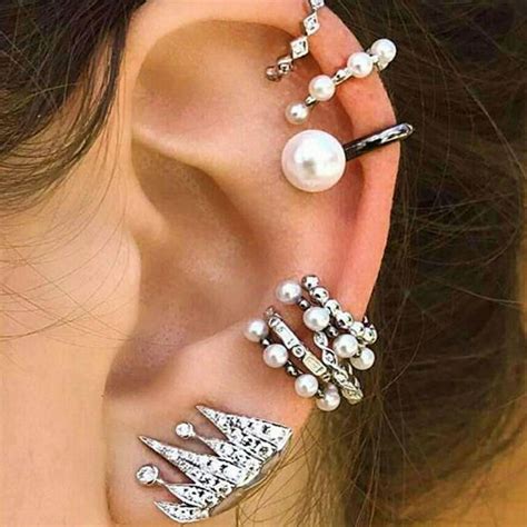 9pcs Cartilage Earring Set For Women No Piercing Pearl Cuff Diamond Ear
