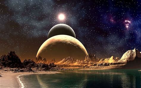 An Artists Rendering Of Two Planets In The Sky With Mountains And