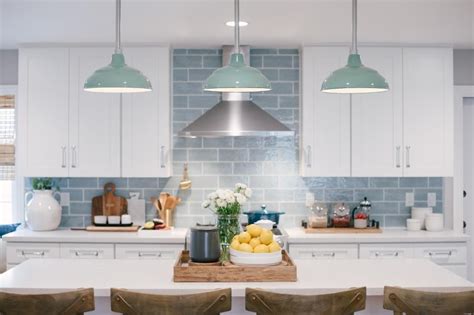 Contemporary White Kitchen With Light Blue Tile Backsplash Blue Tile