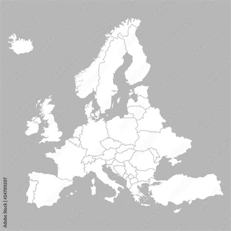 Europe Blank Map With Countries Europe White Map Isolated On Grey Background Vector