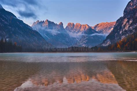 Autumn Mountain Lake Lago Di Landro Dolomites Alps Italy Stock Image