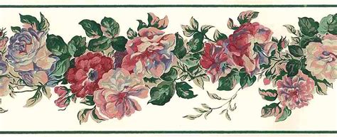 Rose Peonies Vintage Wallpaper Border Pink Green Blue