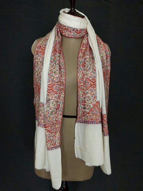 White Pure Wool Stole With Kashmiri Hand Embroidery Cashmere Etsy Uk