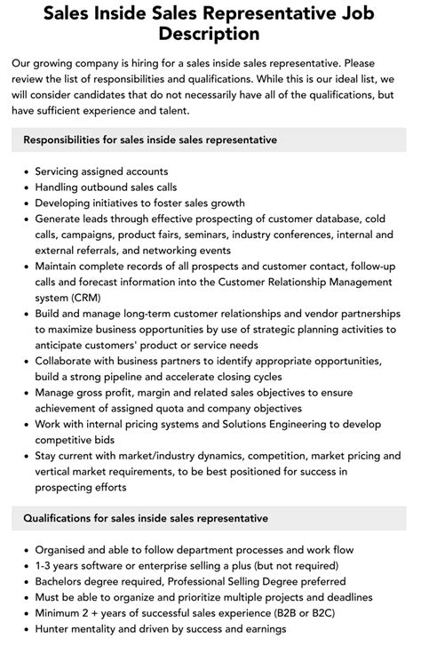 Sales Inside Sales Representative Job Description Velvet Jobs
