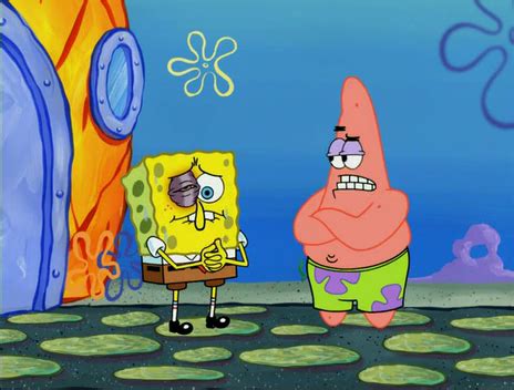 In previous episodes spongebob got a black eye yet it does not last very long. SpongeBuddy Mania - SpongeBob Episode - Blackened Sponge