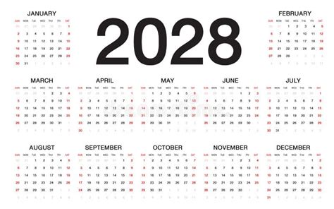 Kalender 2028 Sjabloonvector Set Van Een Kalender Van 12 Maanden 2028