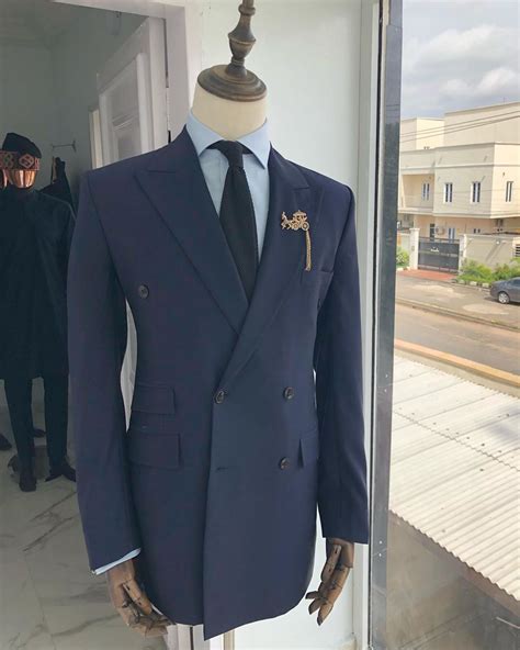 Buy Navy Blue Double Breasted Suit With Gold Detailing Deji And Kola