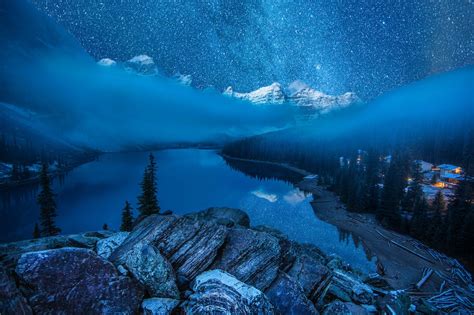Moraine Lake On Starry Winter Night Wallpaper And Background Image