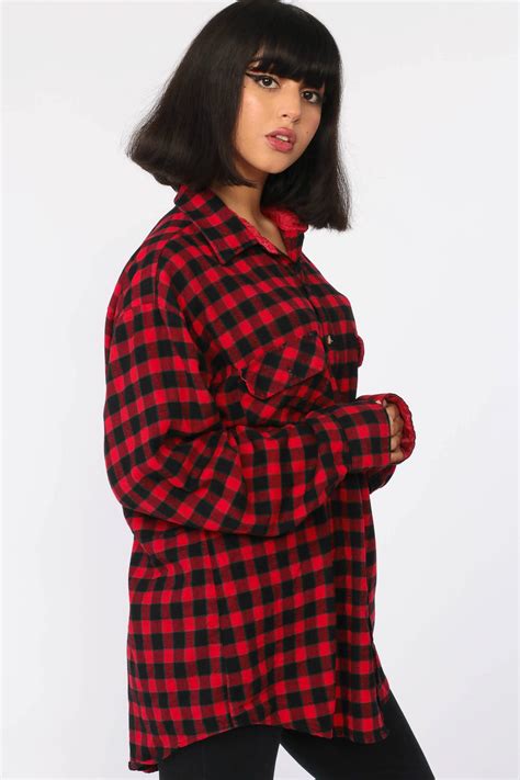 90s Plaid Shirt Oversized Red Flannel Shirt Black Grunge Button Up 80s