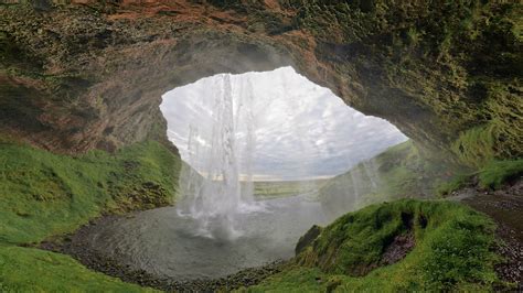 Download Wallpaper 1920x1080 Falls Cave Iceland Moss Full Hd 1080p