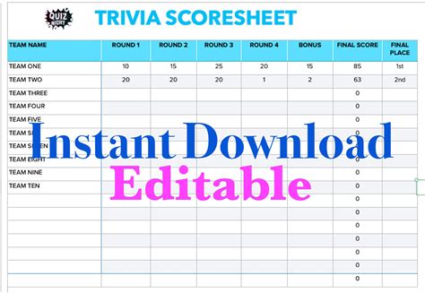 Trivia Scorekeeping Spreadsheet Trivia Scorekeeper Editable Etsy