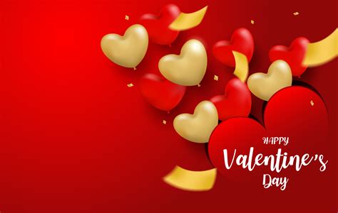 Happy Valentine Day Background Design With Red Gold Heart Balloons