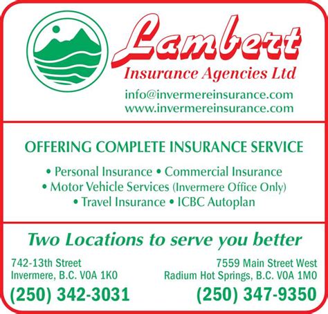 We are a family owned independent insurance agency representing multiple carriers. Lambert Insurance Agencies Ltd - Opening Hours - 742 13 St, Invermere, BC