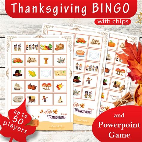 50 Thanksgiving Bingo Cards With Chips And Thanksgiving Game For