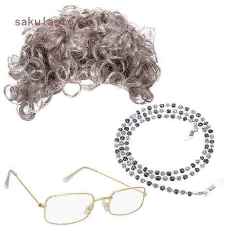 old lady cosplay set grandmother wig madea granny glasses eyeglass chains cords strap pearl