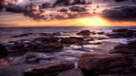 Landscape Hdr Nature Sunset Clouds Sea Rock Coast Wallpapers Hd