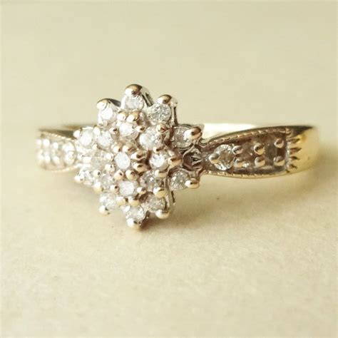 Vintage Engagement Ring 9k Gold Diamond Flower Cluster Ring Diamond