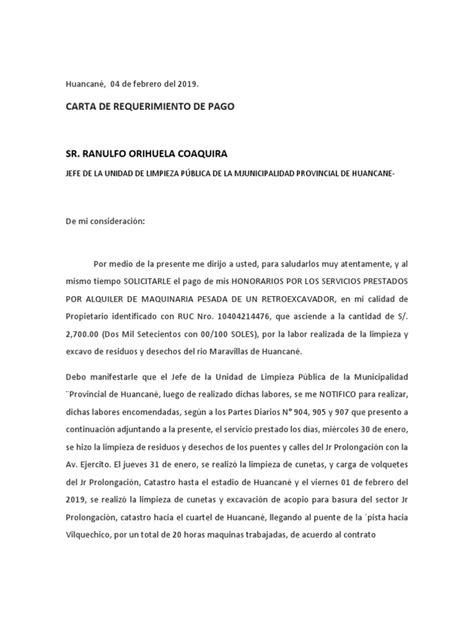 Modelo De Carta De Requerimiento De Pago Ante Municipalidad Pdf