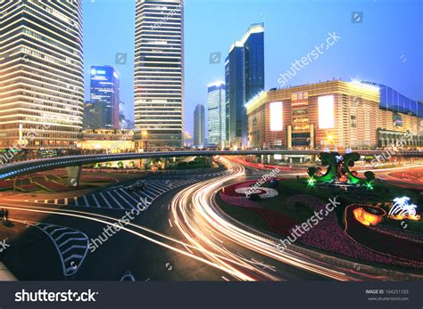 Rainbow Ring Highway At Night With Light Trails In Shanghai Lujiazui