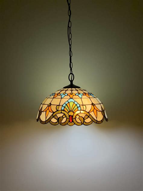 Crown Tiffany Hanging Lamp Leadglass Stained Glass Shade Crystal Bead