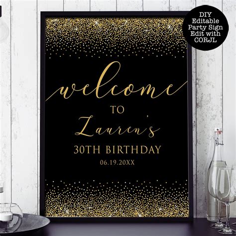 Black And Gold Glitter Party Sign Printable Welcome Sign Etsy