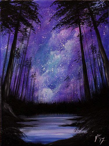 Starry Night In The Forest Silhouette Painting Purple Painting