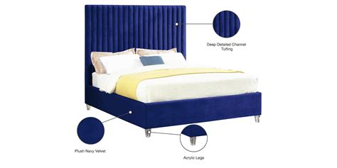 Navy Blue Velvet Channel Tufted Platform Full Bed Candace Meridian