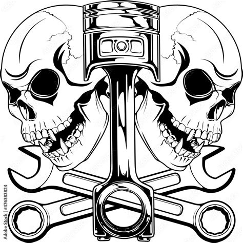 Vecteur Stock Mechanic Logo Svg Design With Two Skulls A Piston And