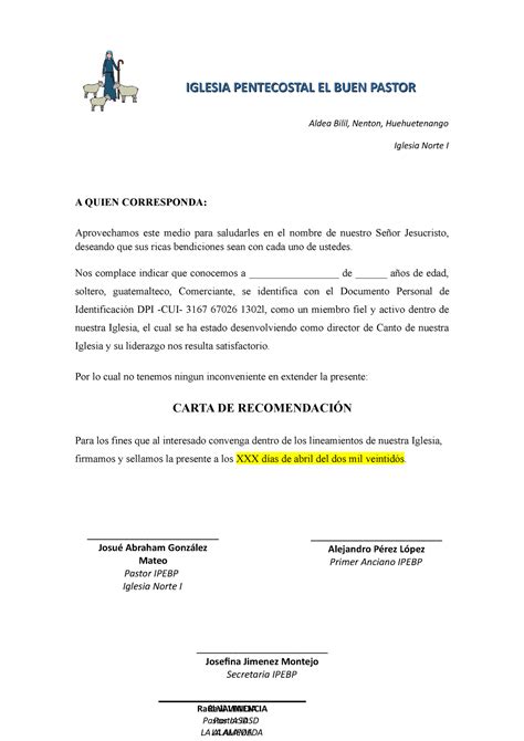 Carta Recomendación Iglesia Penal Aldea Bilil Nenton Huehuetenango