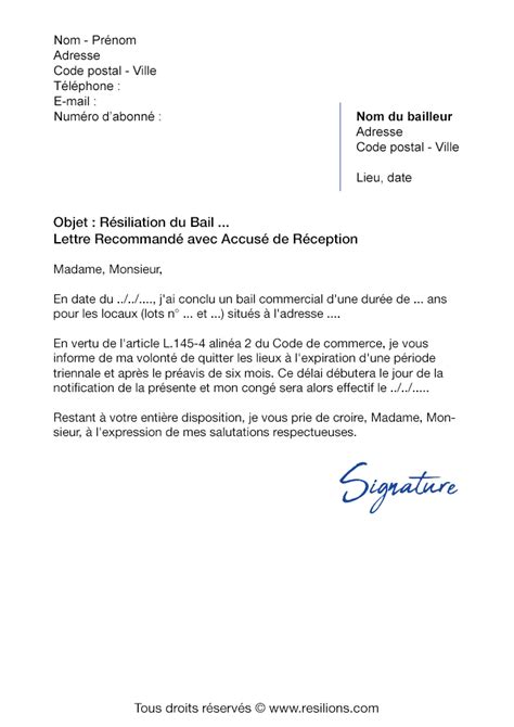 Lettre De R Siliation Bail Commercial Mod Le Gratuit Pdf Et Word