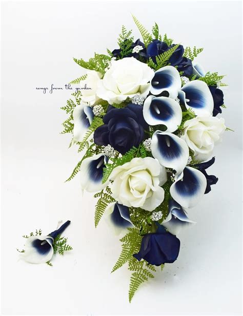 Navy Blue And White Cascade Bouquet Navy Picasso Callas Real Touch