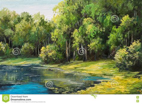 Oil Painting Landscape Lake In The Forest Summer Day