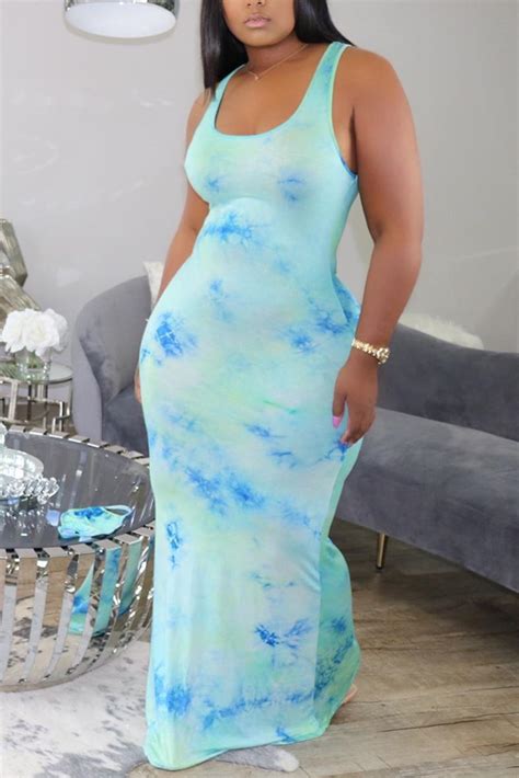 fashion sexy printed light blue sleeveless dress