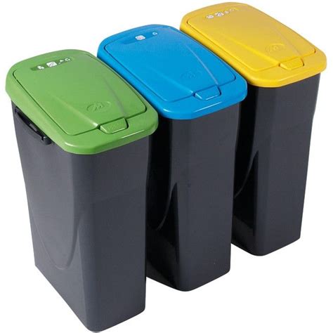 Three Different Colored Trash Cans Sitting Next To Each Other