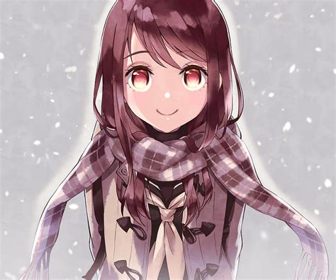 Cute Anime Girl Scarf Face Portrait Glance Smiling Snow Anime Hd