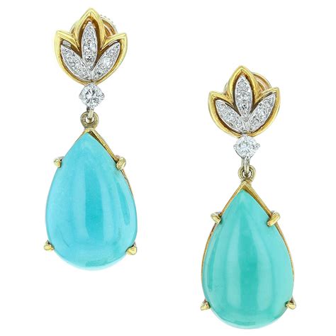 Turquoise Pear Shaped Earrings With White Diamonds At Stdibs