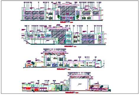 Elevation And Different Axis Section View Of Corporate Building Dwg