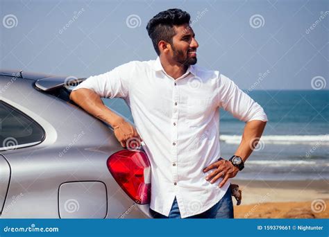 Indian Businessman Standing Near Car Outdoors On Sea Beach Summer Good