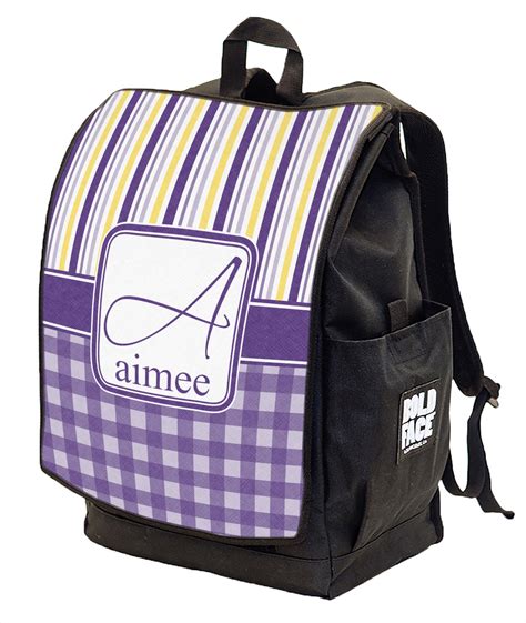Purple Gingham And Stripe Backpack W Front Flap Personalized