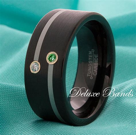 Black Tungsten Wedding Band Emerald Diamond Anniversary Ring 9mm Pipe Cut Satin Finished Mens Womens Promise Engagement Free Laser Engraving 