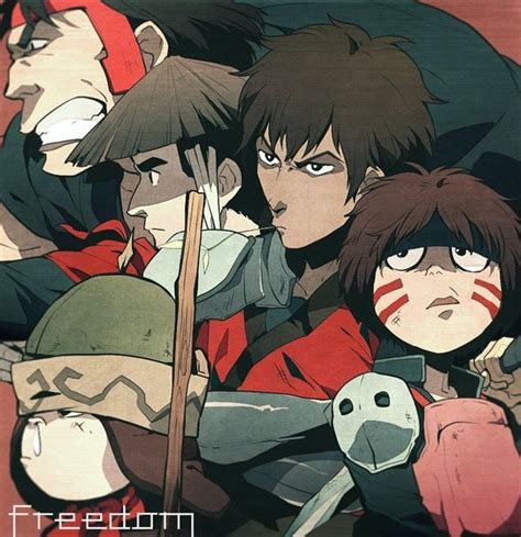 An Anime Poster With Many People Standing Together And One Person Holding A Stick In Front Of Them
