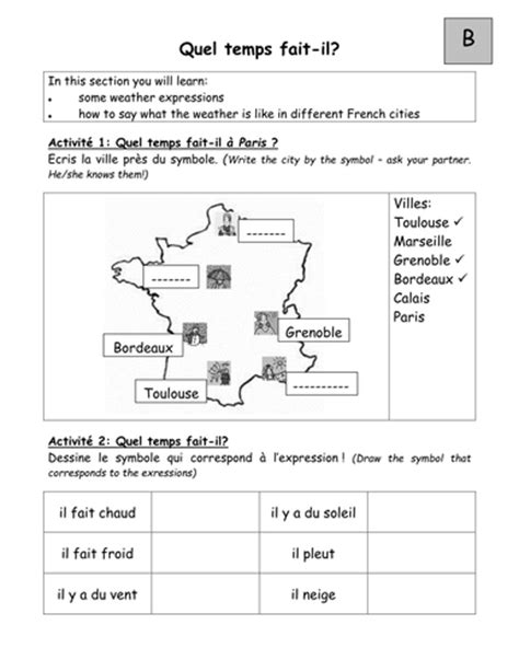 These are to be used to inspire children as well as to make your work easier. Pairwork Worksheets on Weather in French by tgroskop ...