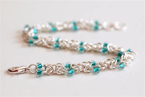 Teal Beaded Byzantine Chainmaille Bracelet Beaded Chain Mail Etsy