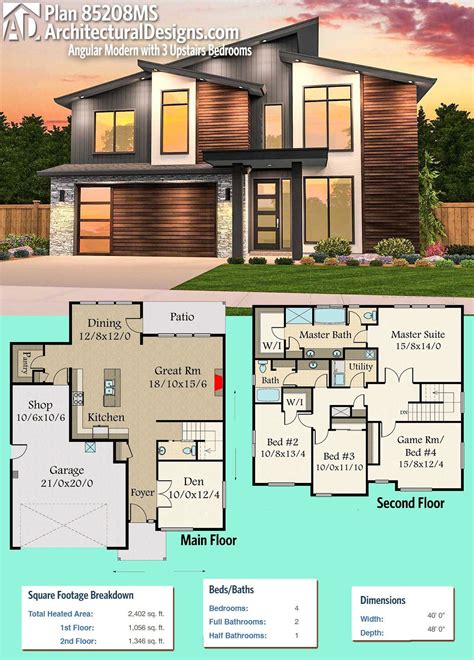 Plan 85208ms Angular Modern House Plan With 3 Upstairs Bedrooms Home