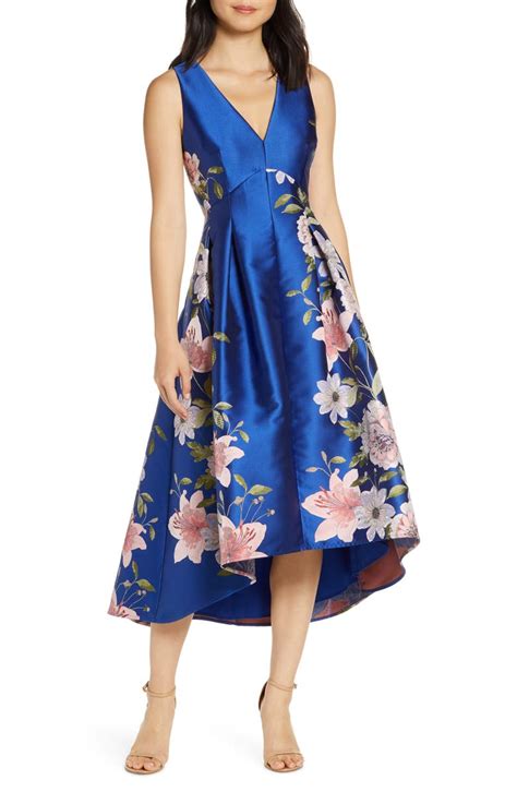 eliza j floral print satin twill high low fit and flare dress nordstrom