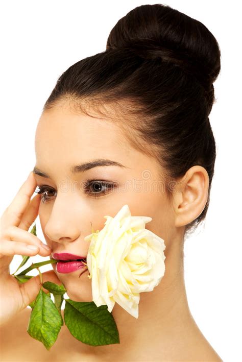 Woman With White Rose In Mouth Stock Image Image Of Happiness Aroma