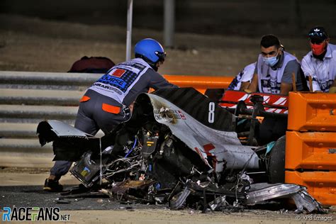 Grosjean escapes crash with 'light burns'. Romain Grosjean crash, Bahrain International Circuit, 2020 ...