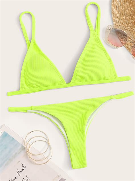 Neon Lime Ribbed Triangle Bikini Set